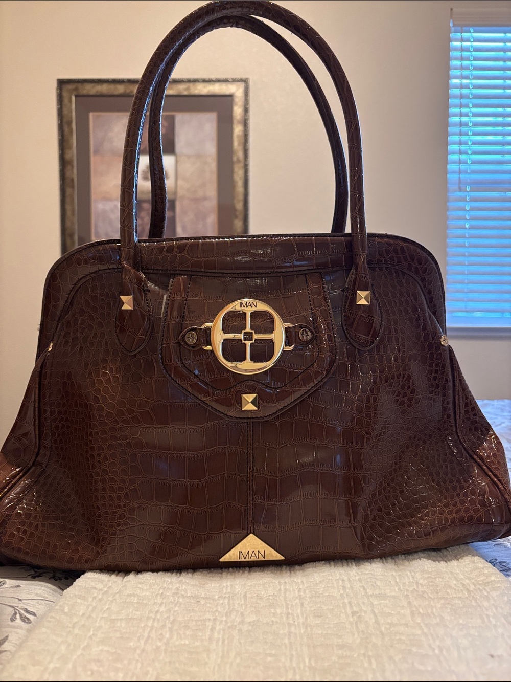 IMAN Dark Brown Croc-Embossed Tote with Gold Accents